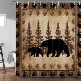 Torich Rustic Cabin Shower Curtain Set, Farmhouse Country Antique Bear Moose Forest Vintage Wood Decor Bath Curtain，Hunting Camping Waterproof Fabric Bathroom Accessories Set with Hooks, 72X84