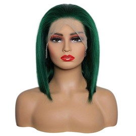 YOUFA Emerald Green Color Blunt Cut Short Bob Lace Front Wigs Brazilian Bone Straight Human Hair Wigs Green 13x4 Ear To Ear Lace Frontal Wigs Pre Plucked Natural Hairline(Turquoise, 8 inch)