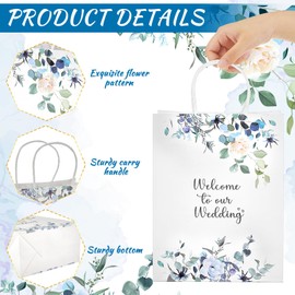 Kolldenn 50 Pcs Blue Floral Gift Bag Bulk with Handles Wedding Paper Gift Bags Large Welcome Party Favors for Guests Bridal Shower Wedding Engagement Party Favors