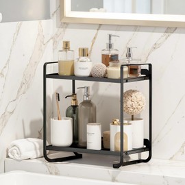 LuxFlowing 2 Tier Small Bathroom Counter Organizers and Storage, Perfume Holder, Makeup, Lotion, Cosmetic, Skincare, Hair Product Shelf for Dresser, Restroom Countertop (Black)