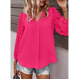 Samefar Women's Fashion Pom Pom Sleeve Blouse Soft Chiffon Casual Shirts Flowy V Neck Tops Rose Red, Large