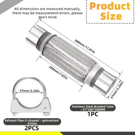 Mardatt 3Pcs Exhaust Flex Pipe Stainless Steel Exhaust Flex Pipe Double Braid Exhaust Flex Tube U-Bolt Clamp Stainless Steel Muffler U-Bolt Clamps for Cars Trucks Buses Pipes(2.2" x 8" x 12")