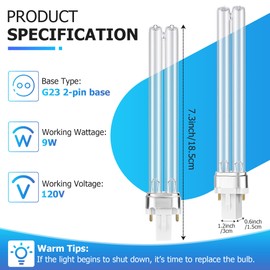 Qualirey 2 Pcs 9W UV Light Bulb Compatible with D200 Air Purifier, Air Purifier Whole House UV Light for R18, R18D R2000 Induct Air Purifier, UVC G23 2 Pin Base HVAC UV Light Bulb Replacement