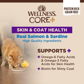 Wellness CORE+ Skin & Coat Recipe, Natural Grain Free Canned Wet Cat Food, Salmon & Sardine Pate, 2.8 Ounces (Pack of 12)