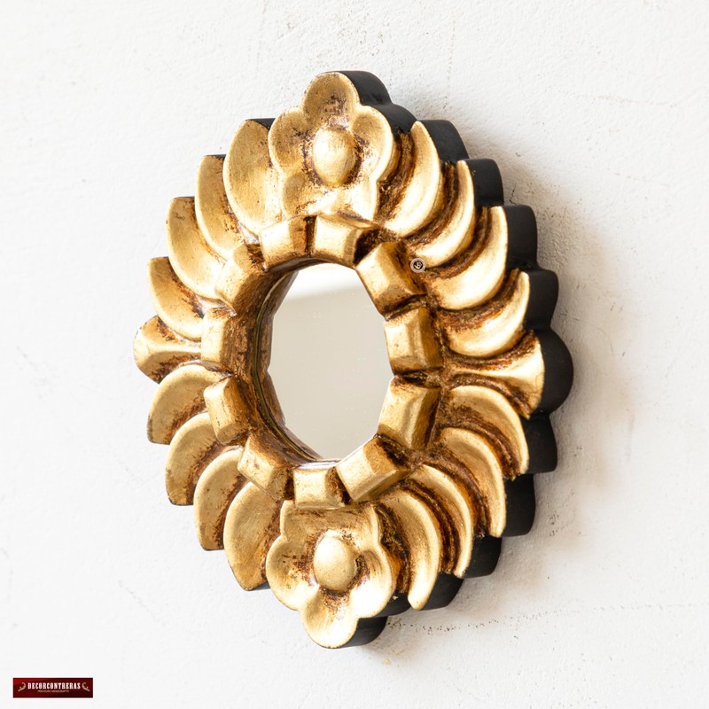 DecorContreras Handmade Small Gold Round Mirror 6in | Peruvian Hand-Carved
