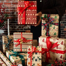 Christmas Wrapping Paper 8 Sheets Red and Brown Christmas Wrapping Paper with Tags Stickers Paper Rope Kraft Wrapping Paper for Christmas New Year Holiday Xmas Wrapping paper for Adults Kids