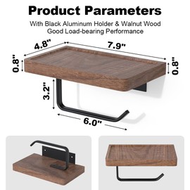 IURRDOP Toilet Paper Holder with Black Walnut Wood Shelf, Wall Mounted & Adhesive Mounted Wooden Shelf for Hanging Roll Tissue, Place Phone, Aromatherapy for Bathroom, Washroom