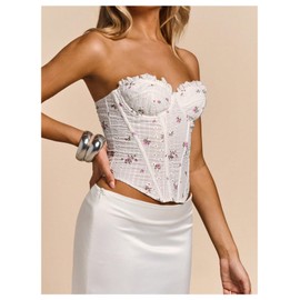Floerns Women's Floral Strapless Tube Top Lace Up Back Sweetheart Neck Corset Crop Tops White X-Small