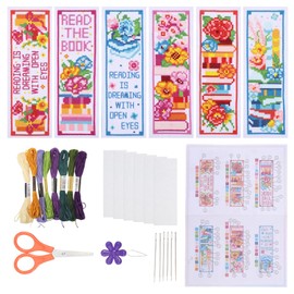 ORIGACH 6 Pcs Cross Stitch Bookmark Kit for Beginner with Backing Felt Floss Instructions Book Flower DIY Stamped Embroidery Bookmark Kit for Adults, Book Lovers