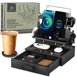 Black Wood Phone Docking Station for up to 3 Phones - Nightstand Organizer for Men & Women Holds Phones, Tablets, Keys, Rings, Glasses, Watches, EDC & More - With Special Drawer for Valuables