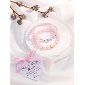 JSDDE Mother Daughter Bracelets Set Rose Quartz Crystal Bracelet with Heart Charm Gemstone Bracelet for Women Girls Long Distance Wish Bracelets Jewelry Gift