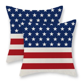 JEFERSO 4th of July Pillow Covers 18x18 Set of 2, Blue Star Stripes American Flag Throw Pillows Patriotic Decor Memorial Independence Day Pillowcase Outdoor Decorations Linen Cushion Case for Home