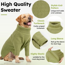 Queenmore Dog Sweater, Turtleneck Long Sleeve Knitted Dog Sweater with Check Pattern, Fall Winter Warm Dog Sweaters for Small Medium Large Dogs, Solid Pull-on Pet Sweater for Cats,Green M