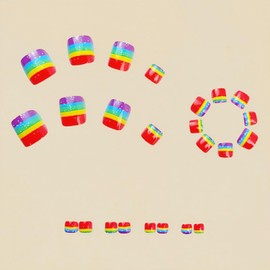 24PCS Hot Pink Press on Toenails Short Square Stick on Toenails with Colorful Striped Design Glossy Glitter False Toenails Cute Summer Glue on Toenails Spring Fake Toe Nails for Women Girls Manicure