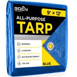 Multi-Purpose Large Tarp Waterproof Cover | Blue, 9' x 12' 5 Mil Thick | Rip Proof Tarps | Thick Weave Material, UV Resistant Great for Tarpaulin Canopy Tent, Boat, RV or Pool Cover