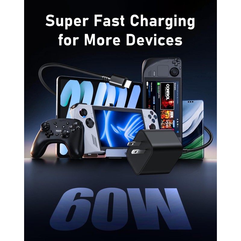 60W USB-C Charger for Steam Deck/Steam Deck OLED, Switch 2/Switch