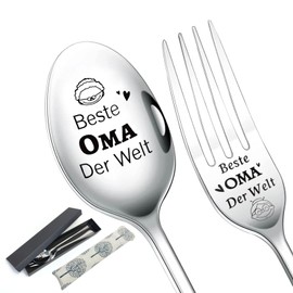 Best Grandma Gifts for Grandma Gift, 2 Pieces Spoon Fork with Engraving Beste Oma Der Welt Mother's Day Gift Stainless Steel Spoon and Fork Set Gift for Birthday Christmas Thanksgiving (for Grandma)