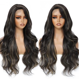msloosily Long Wavy Wig For Women 26 Inch Side Part Synthetic Lace Front Wigs Highlights Mixed Blonde Wig