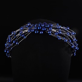 Teyglen Pearl Wedding Headband Bridal Wedding Pearl Beads Headband Tiara Floral Blue Red Black Pearl Hair Piece Hair Accessories for Women Girl Party Prom Brithday (Blue)