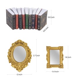 SAMCAMI Miniature Dollhouse Accessories, Mini Books and Mini Mirror for 1/12 Scale Doll House Accessories and Furniture, Miniature Things, 13 Pieces