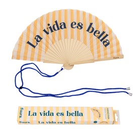 Fisura – Ventaglio originale con messaggio “La vida es bella”. Accessorio pieghevole in legno moderno e colorato con righe gialle. Laccetto incluso. Idea regalo simpatica. Dimensioni 42,5 x 23 cm
