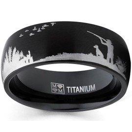 Metal Masters Men's Black Titanium Ring Wedding Band with Laser Etched Bird Duck Hunting Outdoor Ring, Comfort Fit 8mm 10.5