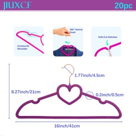 JIUXCF Velvet Hangers 20 Pack, 360° Swivel Rose Gold Hooks, 16" Non Slip Felt Hangers, Space Saving Clothes Hangers, Durable & Cute Flocked Heart Hangers for Adult (Dark Purple)