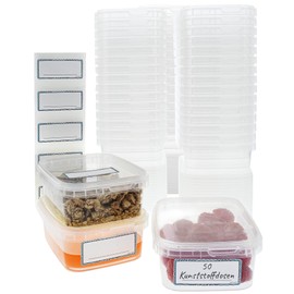 Marzoon 50 Plastic Jars Set with Lid, Small, Square, 280 ml, Robust Plastic Jars, Transparent, Delicatessen Cups, Industry Standard