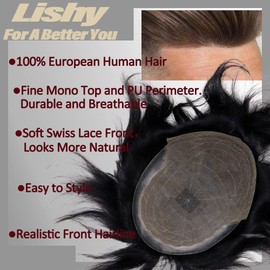 Lishy Toupee for Men Swiss Lace Front Natural Hairline with PU Mens Hair Replacement System Hairpieces European Human Hair Wigs 8X10 inches Medium Light Density (#1 Jet Black Color)