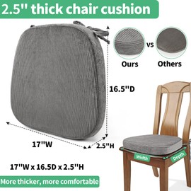 Glyzia 2.5" Thick Chair Cushions for Dining Chair, Corduroy High Density Foam Kitchen Chair Pads, U Shaped Indoor Seat Cushions with Ties & Non-Slip Backing, Washable Cover, 17''x16.5'', Grey