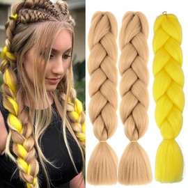 Jumbo Braids Extensions Kanekalon Synthetic Hair for Braiding Hair, 24 Inch Braiding Hair for Braids Box Braid (2 Brown - 1 Yellow)