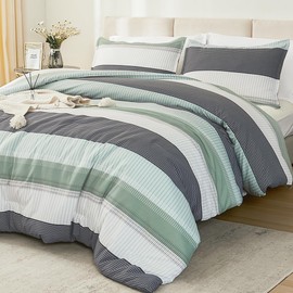 Litanika Oversized Queen Comforter Set Sage Green 98x98-3 Pieces Lightweight Green White Colorblock Stripe Fluffy Bedding Comforter Sets, All Season Bed Set