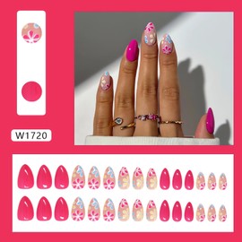 Almond Flower Press on Nails Short Pink Fake Nails with Floral Design Glossy Spring False Nails Almond Nails Press ons Cute Gel Acrylic Glue on Nails Pink Daisy Stick on Nails for Women