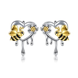 Bee Earrings Gifts for Women Her 925 Sterling Silver Honey with Bee Heart Stud Earrings Beehive and Bee Flower Earrings Studs Gifts