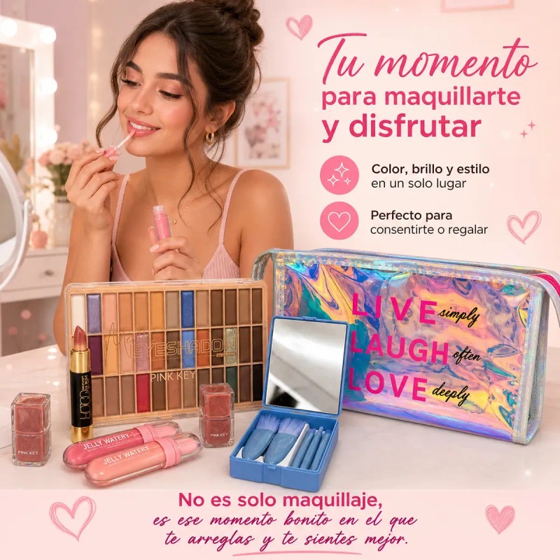 Kit De Maquillaje Cosmetiquera H Brochas Sombras Gloss Blush