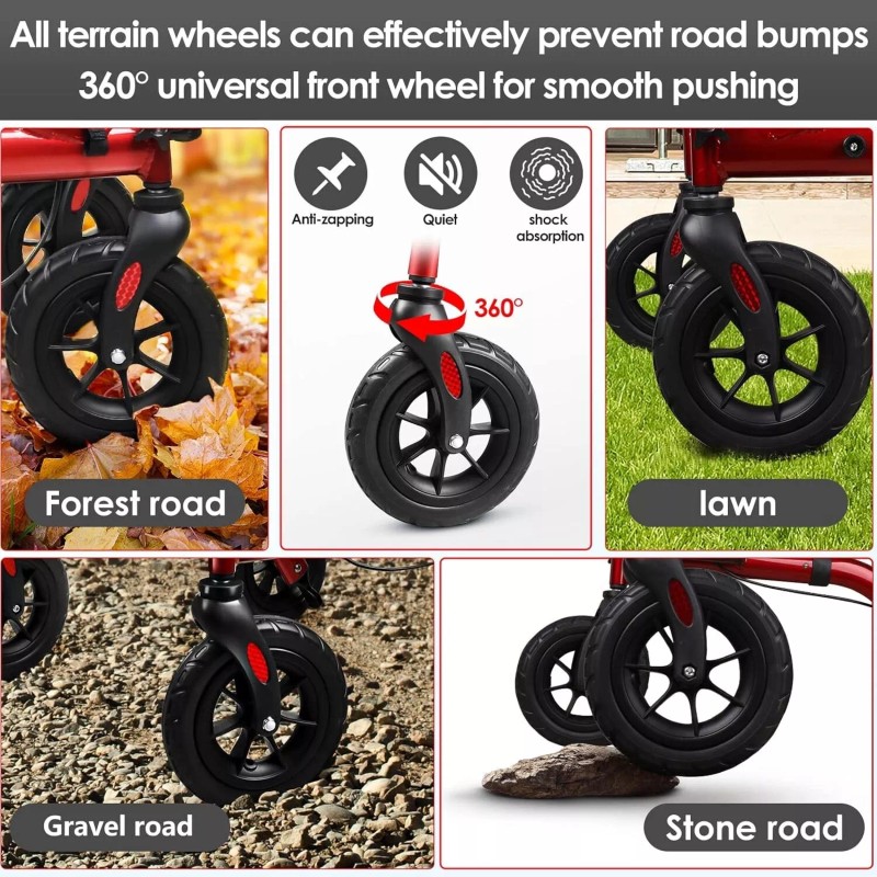 Henmnii All-Terrain Rollator Walker for Seniors Rubber Wheels Foldable Lightweight