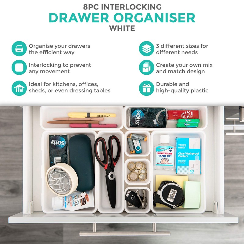 LIVIVO 8pc Interlocking Drawer Organiser and Dividers Plastic Desk and