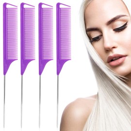 Rat Tail Comb，Parting Comb, Metal Long Steel Pin Rat Tail Combs set，Combs for Hair Stylist，Hair Combs for Women（4Packs,Purple）