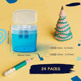 Kiswleon Pack of 24 4-Colour Pencil Sharpeners with Container, Can Sharpener for Thick and Thin Wtifte, Manual Pencil Sharpener with Lid, Children's Sharpener with Tin for School, Home Office (24B)
