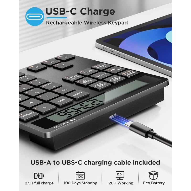 HoRiMe Number Pad for Laptop - Rechargeable Wireless Number Keypad