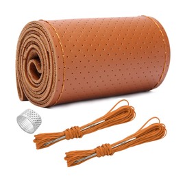 Ziciner Genuine Leather Steering Wheel Cover, Stitch on Wrap, Breathable Anti-Slip Car Steering Wheel Protector for Max Diameter 15 Inch, DIY Sewing with Needles Thread (Brown, Hole)