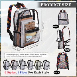 Amylove 6 Pack Clear Backpack Bulk 14. 2 x 11 x 4 Inch Large Heavy Duty Transparent Backpack PVC See Through Bookbag Plastic Back Bag with Adjustable Reinforced Straps for School Work Sports, 6 Style