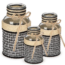 Hollyone 3Pcs Flower Vase Glass Vase with Cotton Rope Cover Woven Glass Vase Decorative Flower Bottle Modern Vase for Table Centerpiece Farmhouse Wedding Home Decor Black & White