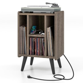 Giantex Record Player Stand, Turntable Stand with Charging Station, Mid-Century Modern Nightstand with 4 Storage Compartments, Vinyl Record Cabinet for Living Room Bedroom (Grey Oak)
