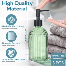 3 Pack Green Glass Soap Dispenser with Black Plastic Pump, 13.5oz Hand Soap Dispenser with Vertical Stripe, Refillable Liquid Soap Dispenser for Modern Home Decor Bathroom, Kitchen Countertop, Hotel