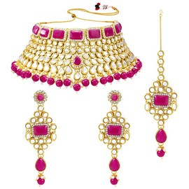 Aheli Rani Padmavati Kundan Faux Pearl Choker Necklace with Earrings Maang Tikka Gift for Women Traditional Jewelry Set Rani Pink