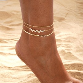 BERISO Gold/Silver Ankle Bracelets for Women,14K Gold Anklets for Women Waterproof Pearl Beads Rhinestone Anklets Set Layered Anklet Bracelets for Women Gold Jewelry