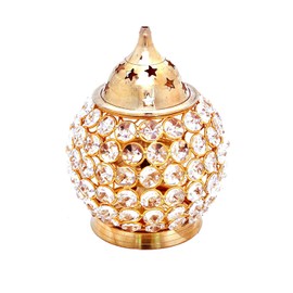 Haschart Akhand Diya Decorative Brass Crystal Oil Lamp Tea Light Holder Lantern Oval Shape | Puja Lamp