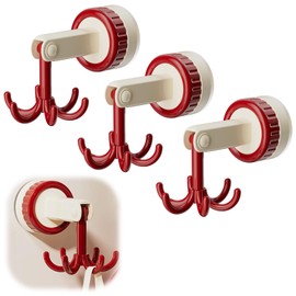 OneNine 360 Degrees Rotating Folding Hook, 3 Pcs Suction Cup Multi-Claw Hook, Self-Adhesive Suction Cup Hooks Rotating Kitchen Utensil Holder, Multi-Purpose Kitchen Utensil Hanger with 6 Hooks (Red)
