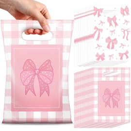 Blosssound 100 Pcs Pink Bow Gift Bags Bulk Coquette Party Plastic Bags with Handles Pink White Plaid Goodie Treat Candy Party Favors Wrap for Birthday Wedding Baby Shower Mother's Day, 6.7" x 9.8"